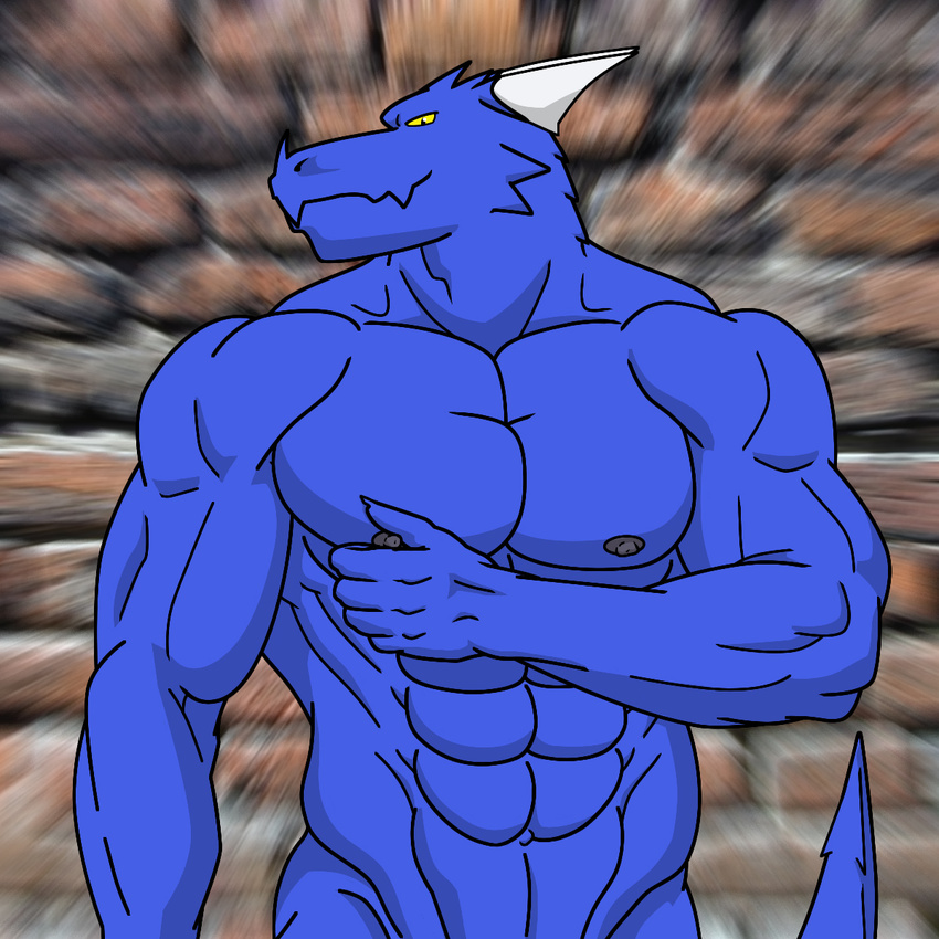 clothed clothing dragon half-dressed horn male muscles solo tail topless wolfoxokamichan yellow_eyes