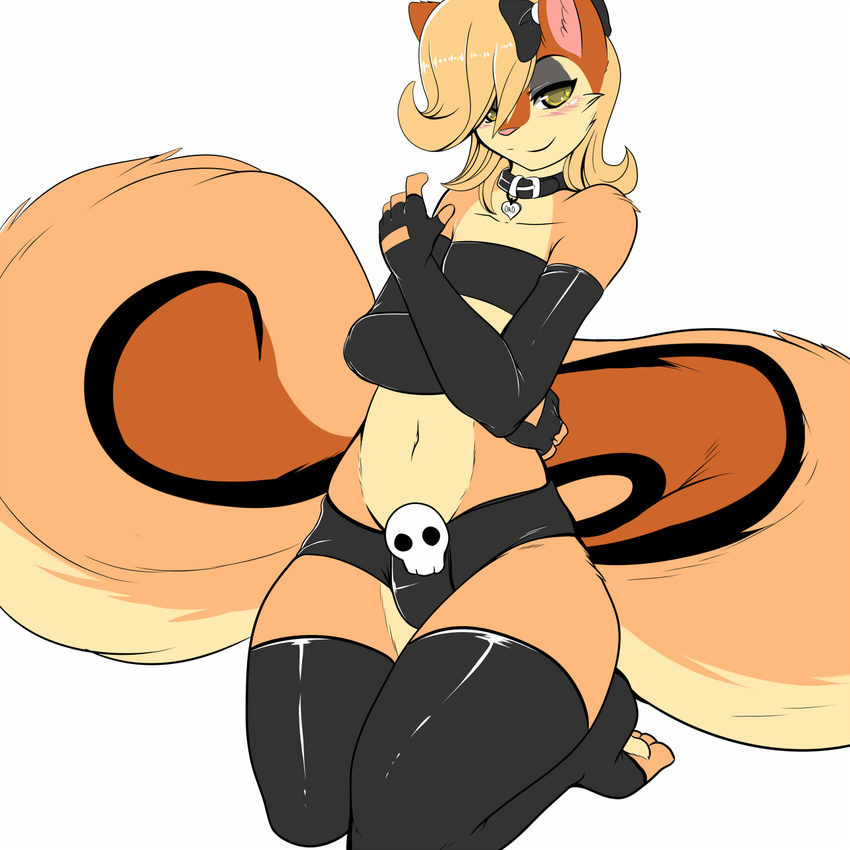 big_thighs blonde_hair blush bow bulge chipmunk collar elbow_gloves fingerless_gloves fluffy_tail fur girly gloves hair hindpaw hybrid kami-chan kneeling latex legwear long_hair looking_at_viewer male mammal navel orange orange_fur paws pink_nose plain_background rodent rubber skull smile solo squirrel stockings tail thighs underwear white_background wide_hips yellow yellow_belly yellow_eyes zajice_(character)