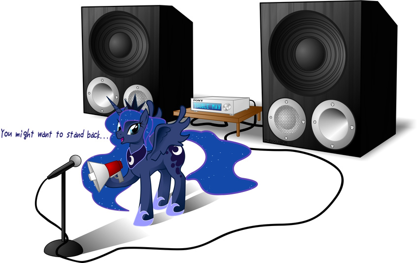 alicorn blue_hair chiekku crown cutie_mark english_text equine female feral friendship_is_magic hair horn horse long_hair looking_at_viewer mammal megaphone microphone my_little_pony pegacorn plain_background pony princess_luna_(mlp) solo speaker speakers tail text white_background winged_unicorn wings