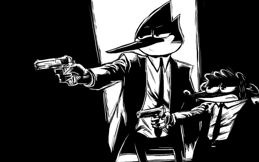 anthro avian bird black_and_white blue_jay duo gun male mammal monochrome mordecai pistol pulp_fiction raccoon ranged_weapon regular_show rigby source_request spizzyfizz suit unknown_artist weapon