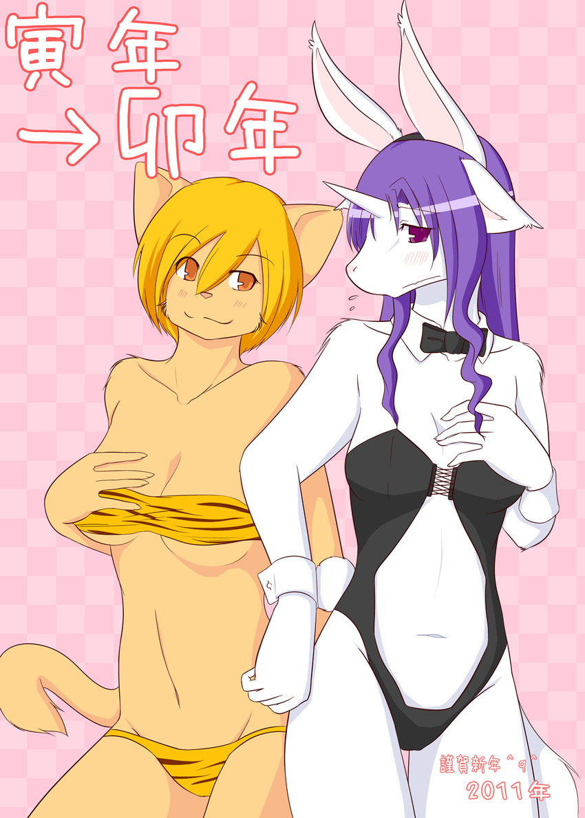 abstract_background amber_eyes blonde_hair breasts canine clothed clothing danae diva feline female hair japanese_text legend_of_mana long_hair long_purple_hair mammal midriff panties purple_eyes purple_hair short_hair short_yellow_hair sierra skimpy solo standing stripes text underwear