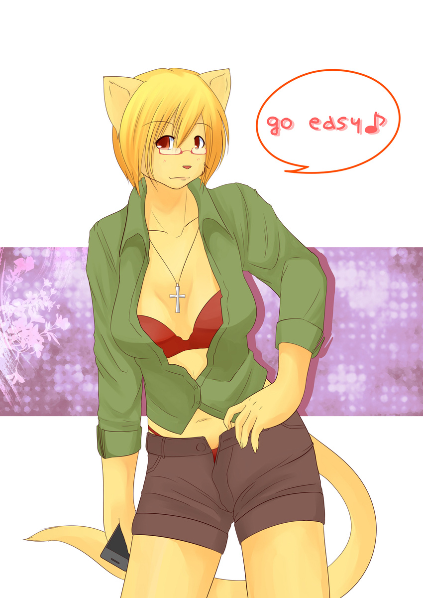 &dagger; anthro blonde_hair breasts buttons cat cleavage clothed clothing cross dialog dialogue diva english_text eyewear feline female glasses hair hi_res looking_at_viewer mammal necklace panties pink_nose pinup pose red_eyes shirt short_blonde_hair short_hair shorts solo standing text tomboy underwear