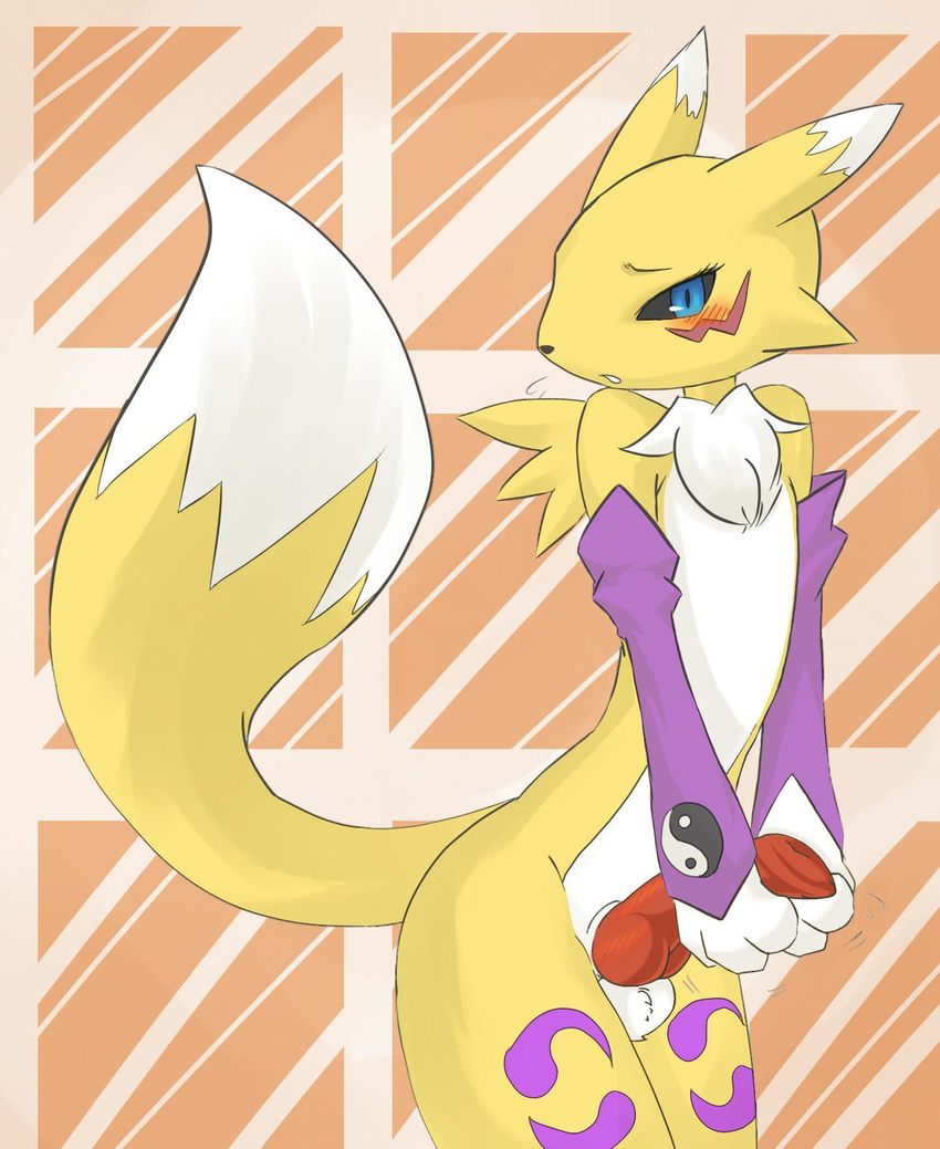 anthro bajiru black_nose blue_eyes breasts canine chest_tuft digimon edit fox fur looking_at_viewer male mammal penis pinup pose renamon solo standing tail tuft