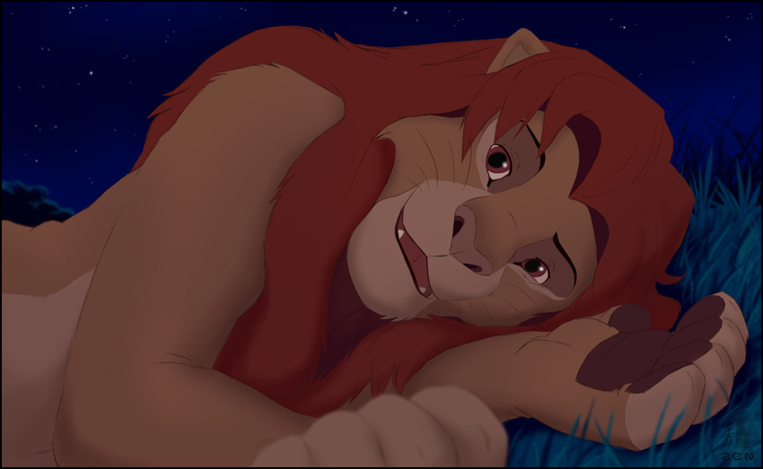 amber_eyes disney feline feral grass lion looking_at_viewer male mammal night nude paws simba solo stars the_lion_king zen