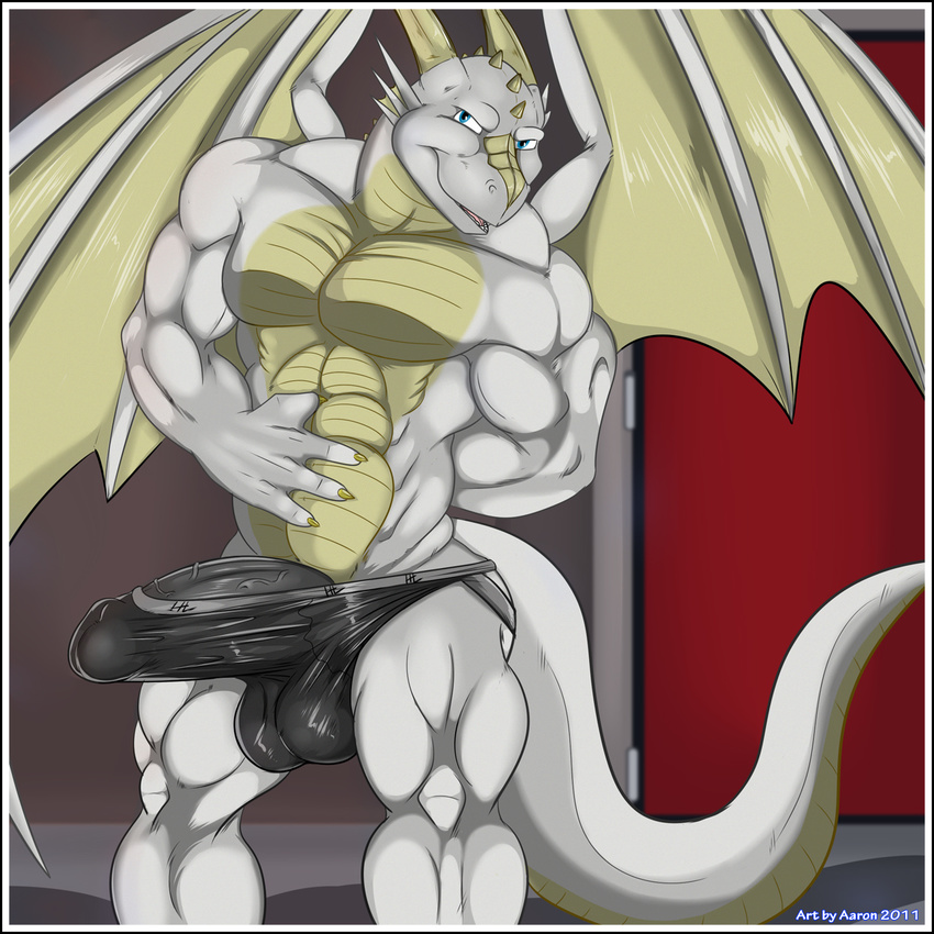 2011 aaron aaron_(artist) abs altoryu anthro balls biceps big_balls big_muscles big_penis black_penis blue_eyes bodybuilder bulge claws clothed clothing door dragon dragon-star erection fangs grey_skin grin grope half-dressed horn jockstrap looking_at_viewer male muscles nude open_mouth pecs penis pose reptile scales scalie seductive smile solo speedo standing swimsuit tail teeth toned tongue topless underwear underwear_bulge vein western_dragon white_dragon wings yellow_horns yellow_skin