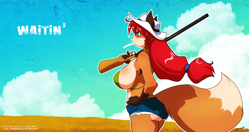 ann ann_gustave big_breasts bikini blue_eyes breasts butt canine chalo clothed clothing cowboy_hat denim_shorts english_text female fox gun hair hand_on_hip hat long_hair mammal ranged_weapon red_hair shorts side_boob skimpy solo swimsuit tail text tight_clothing weapon