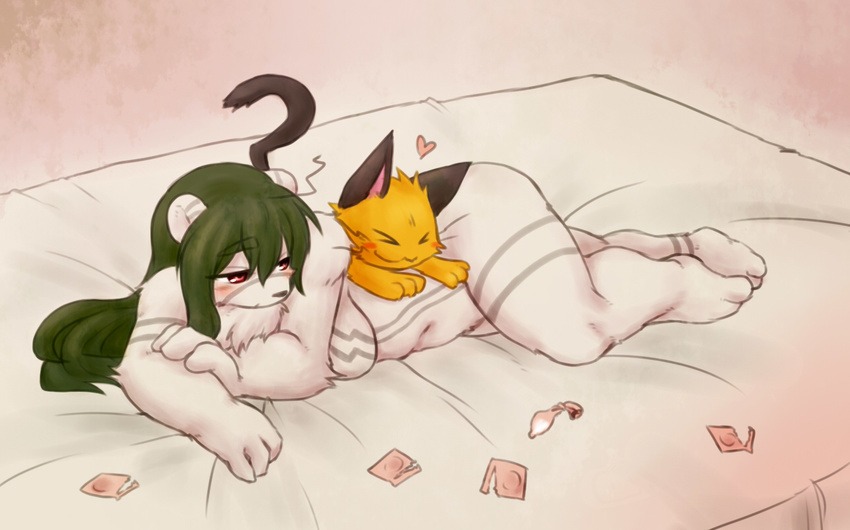 &hearts; anthro bear bed black_nose blush breasts cat chubby condom eyes_closed feline female feral green_hair hair kumainu long_green_hair long_hair lying male mammal markings nude red_eyes