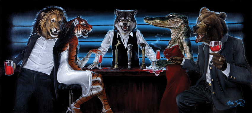 alligator bartender bear blood canine damalia feline female lion looking_at_viewer male mammal reptile scalie tiger trophy wolf
