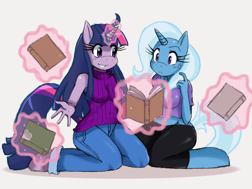 anthro anthrofied blue_eyes book breasts duo equine female friendship_is_magic hair horn horse long_hair magic mammal multi-colored_hair my_little_pony plain_background pony princess princess_celestia_(mlp) purple_eyes purple_hair royalty short_hair smile sssonic2 sweat tail trixie_(mlp) twilight_sparkle_(mlp) unicorn white_background