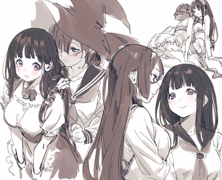 apron bangs black_hair blue_eyes blunt_bangs chitanda_eru glasses hat highres hyouka ibara_mayaka irisu_fuyumi juumonji_kaho long_hair mery_(apfl0515) monochrome neckerchief purple_eyes sailor_collar se sketch smile waitress witch_hat