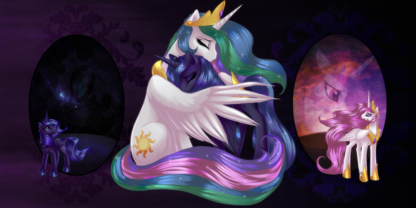 blue_body blue_hair cloud clouds crown cutie_mark embrace equine eyes_closed female feral friendship_is_magic green_eyes hair horn horse hug long_hair mammal moon multi-colored_hair my_little_pony nightmare_moon_(mlp) pegacorn pink_hair pony princess princess_celestia_(mlp) princess_luna_(mlp) purple_background rizcifra royalty sad shiny sibling sisters stars sun tail tiara wallpaper winged_unicorn wings