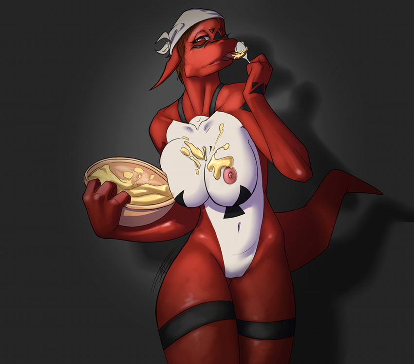 batter big_breasts bowl breasts crossgender digimon eating facial_markings female guilmon headband markings midriff miemon navel nipples pussy scalie solo spoon standing stripes tongue tongue_out white-devil