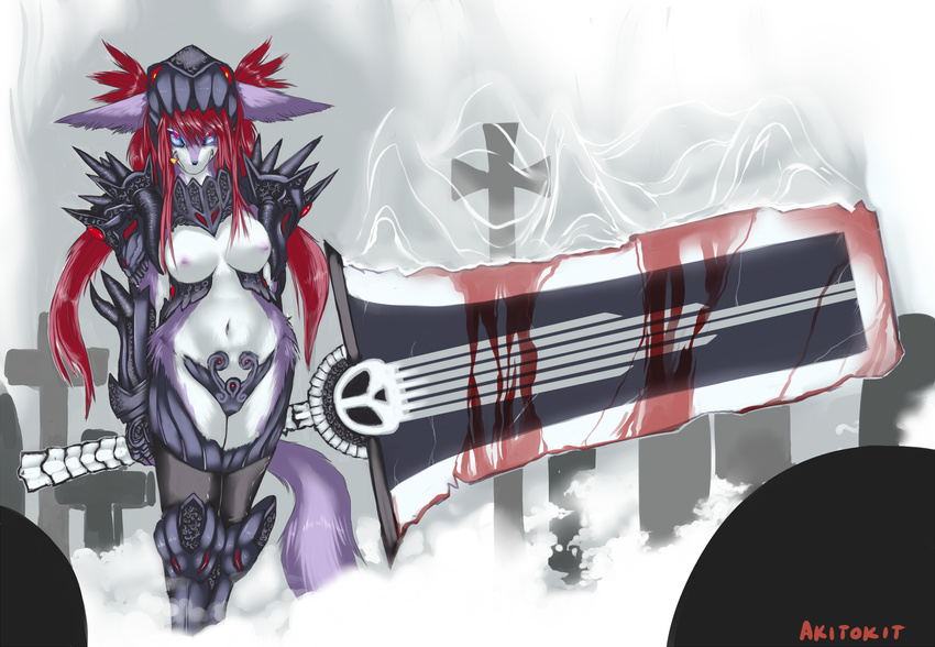 &dagger; armor bfs black_nose blood blue_eyes boots breasts canine clothed clothing cross female fox graveyard hair hi_res long_hair long_red_hair looking_at_viewer mammal midriff minimal_armor navel nipples red_hair skimpy smoke solo spikes standing sword tail unconvincing_armor weapon