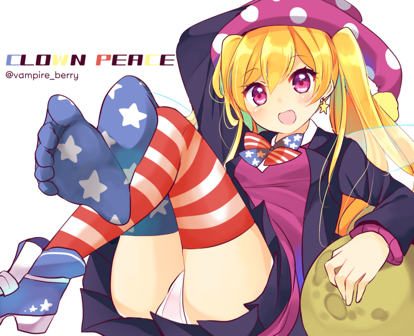 1girl alternate_costume alternate_hairstyle american_flag american_flag_legwear american_flag_print black_skirt blazer blonde_hair blue_footwear bow bowtie character_name clownpiece commentary_request earrings fairy_wings feet flag_print hair_between_eyes hat highres jacket jester_cap jewelry legs_crossed long_hair long_sleeves lying miniskirt moon open_mouth ougi_hina panties pantyshot pantyshot_(lying) pink_eyes pleated_skirt polka_dot shoes simple_background single_shoe skirt smile solo star star_earrings star_print striped thighhighs touhou transparent_wings twintails twitter_username underwear white_background white_panties wings