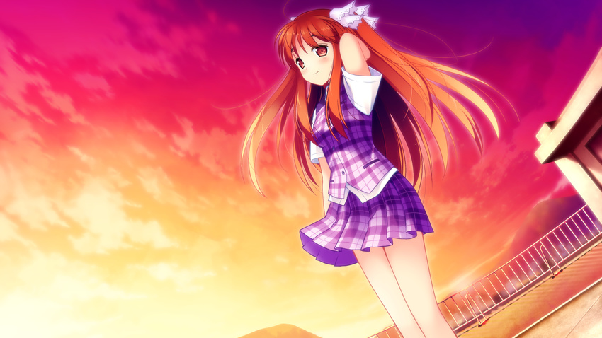 brown_hair game_cg long_hair sanemaki_nozomi seifuku shinsei_ni_shite_okasubekarazu sky sunset watari_masahito