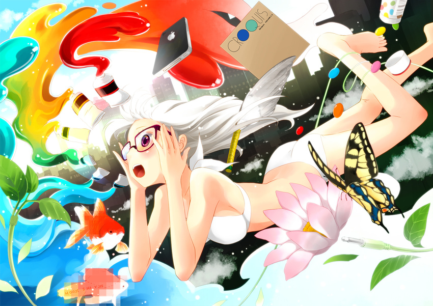 ahira_yuzu barefoot bikini bug butterfly cellphone fish flower glasses highres insect iphone long_hair open_mouth original phone purple_eyes rainbow_order smartphone solo swimsuit water white_hair