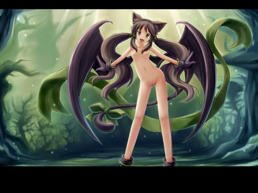 :d animal_ears boots bow brown_hair cat_ears cat_tail demon_girl flat_chest gloves green_eyes highres hoshi_no_gen letterboxed long_hair looking_at_viewer navel nipples no_nose no_pussy nude open_mouth riviera rose_(riviera) sidelocks smile solo succubus tail tail_bow twintails very_long_hair wings