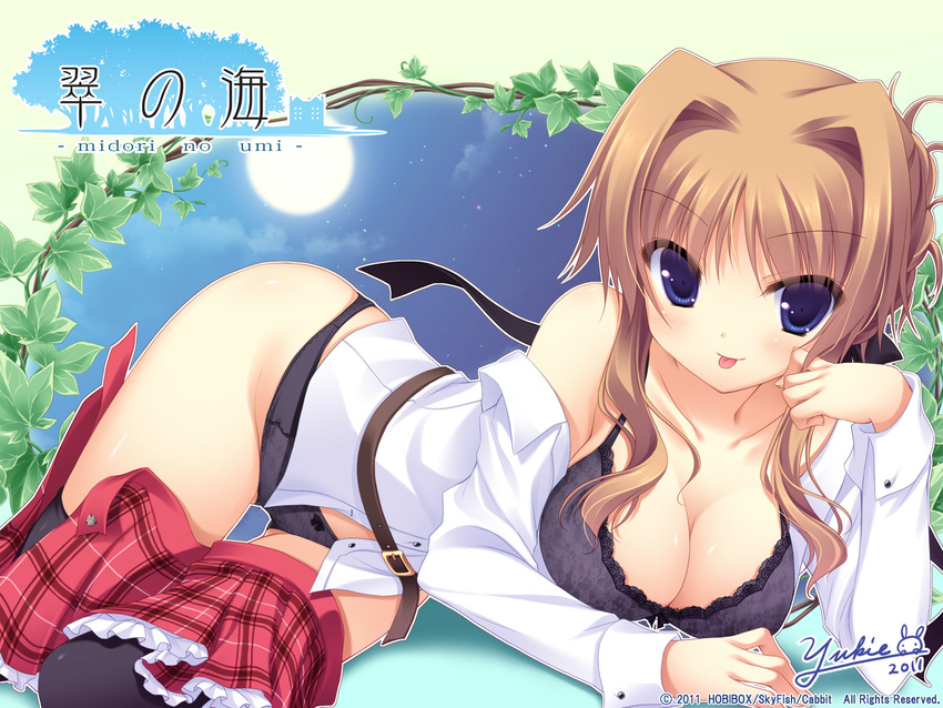 :p belt black_legwear black_panties blue_eyes blush bra breast_rest breasts brown_hair chin_rest chisha cleavage hair_intakes highres lace lace-trimmed_bra large_breasts lingerie lying midori_no_umi moon off_shoulder on_side open_clothes open_skirt panties plant short_hair sidelocks skirt skirt_pull sky solo star_(sky) starry_sky thighhighs tongue tongue_out underwear vines yukie_(peach_candy)