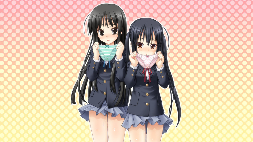 2girls akiyama_mio black_eyes black_hair brown_eyes k-on! nakano_azusa nopan ohizumi_daisaku panties pussy_juice seifuku striped_panties twintails underwear