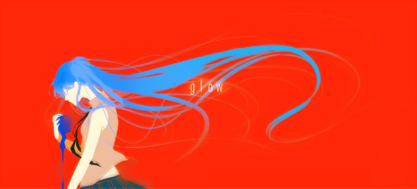 glow_(vocaloid) hatsune_miku highres long_hair microphone nail_polish red_background solo toma_'3' very_long_hair vocaloid