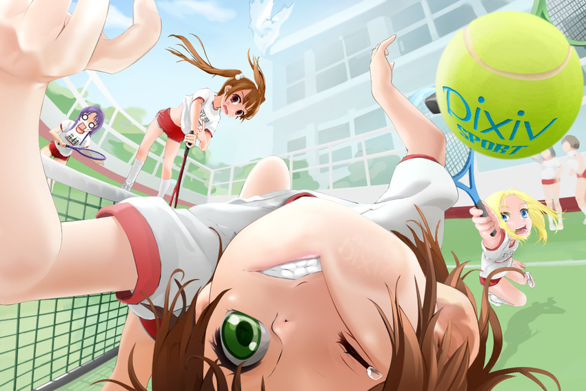 3girls androgynous bad_id bad_pixiv_id ball blonde_hair blue_eyes blush brother_and_sister brown_eyes brown_hair clenched_teeth cloud commentary_request crossdressing day falling fisheye green_eyes gym_shorts gym_uniform hair_ornament hairclip heart impression in_the_face jumping long_hair multiple_girls navel net o_o open_mouth original otoko_no_ko perspective pixiv purple_eyes purple_hair racket short_hair shorts siblings sky squatting sweatdrop tears teeth tennis tennis_ball tennis_racket wince yuki18r