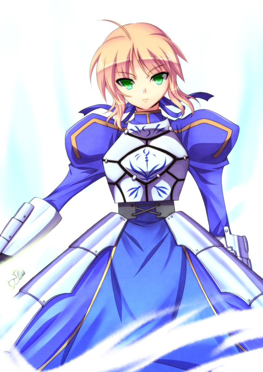 ahoge armor armored_dress artoria_pendragon_(all) blonde_hair dress fate/stay_night fate_(series) faulds gauntlets green_eyes hair_ribbon highres juliet_sleeves ka2 long_sleeves puffy_sleeves ribbon saber solo