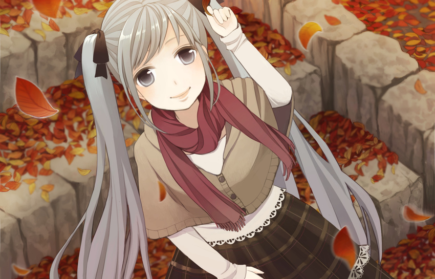 autumn gray_eyes gray_hair hatsune_miku ribbons scarf vocaloid