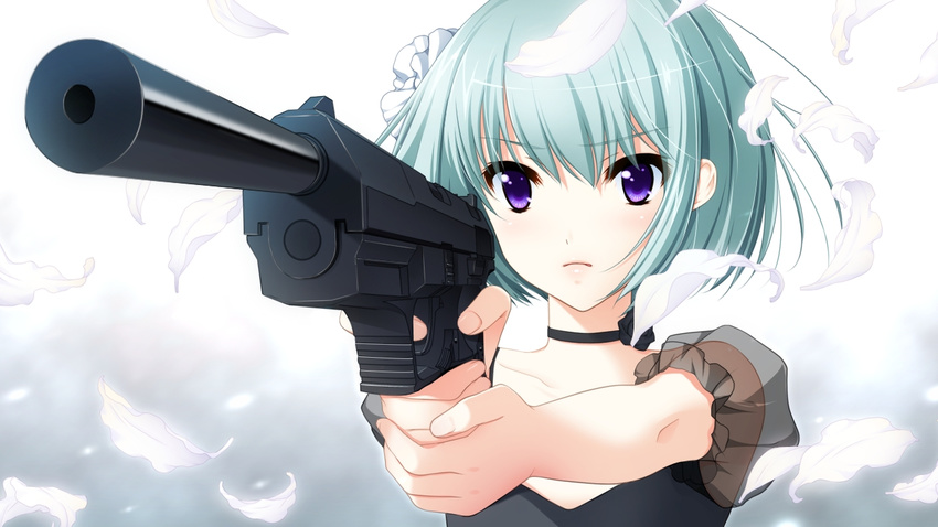 gakuen_taima game_cg gun leaves short_hair weapon