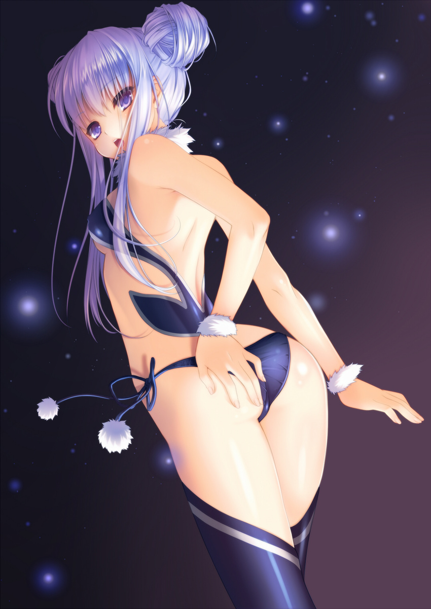 bare_shoulders blue_eyes blue_hair blue_panties blush from_behind hand_on_ass highres long_hair looking_back nana_mikoto open_mouth original panties side-tie_panties solo star underwear wrist_cuffs