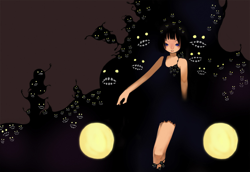 bad_id bad_pixiv_id bare_legs bare_shoulders black_hair blue_eyes camisole creature darkness monster original pisudori short_hair simple_background teeth yami_shoujo yellow_eyes