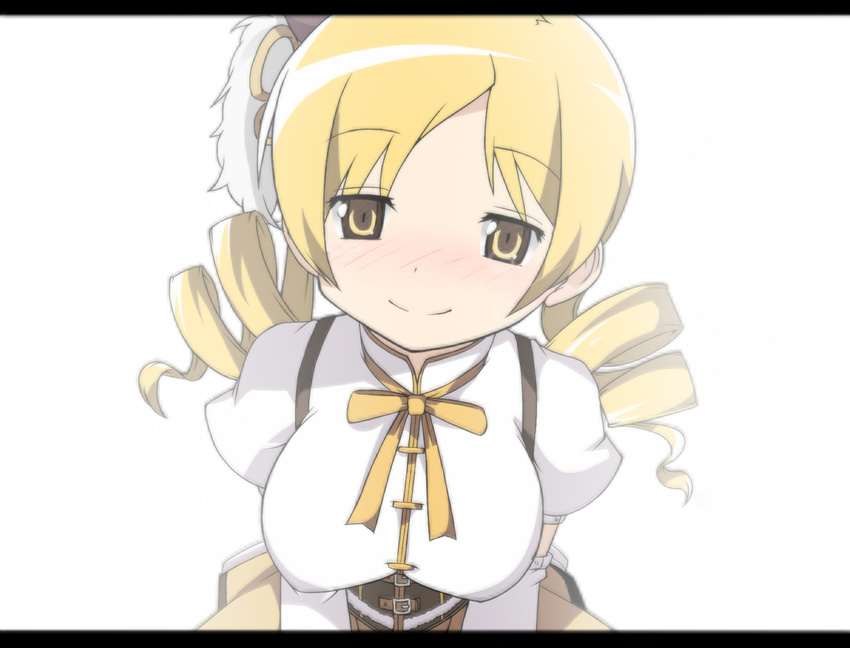 bad_id bad_pixiv_id blonde_hair blush breasts detached_sleeves drill_hair fruits_punch hair_ornament highres large_breasts letterboxed magical_girl mahou_shoujo_madoka_magica smile solo tomoe_mami twin_drills twintails yellow_eyes