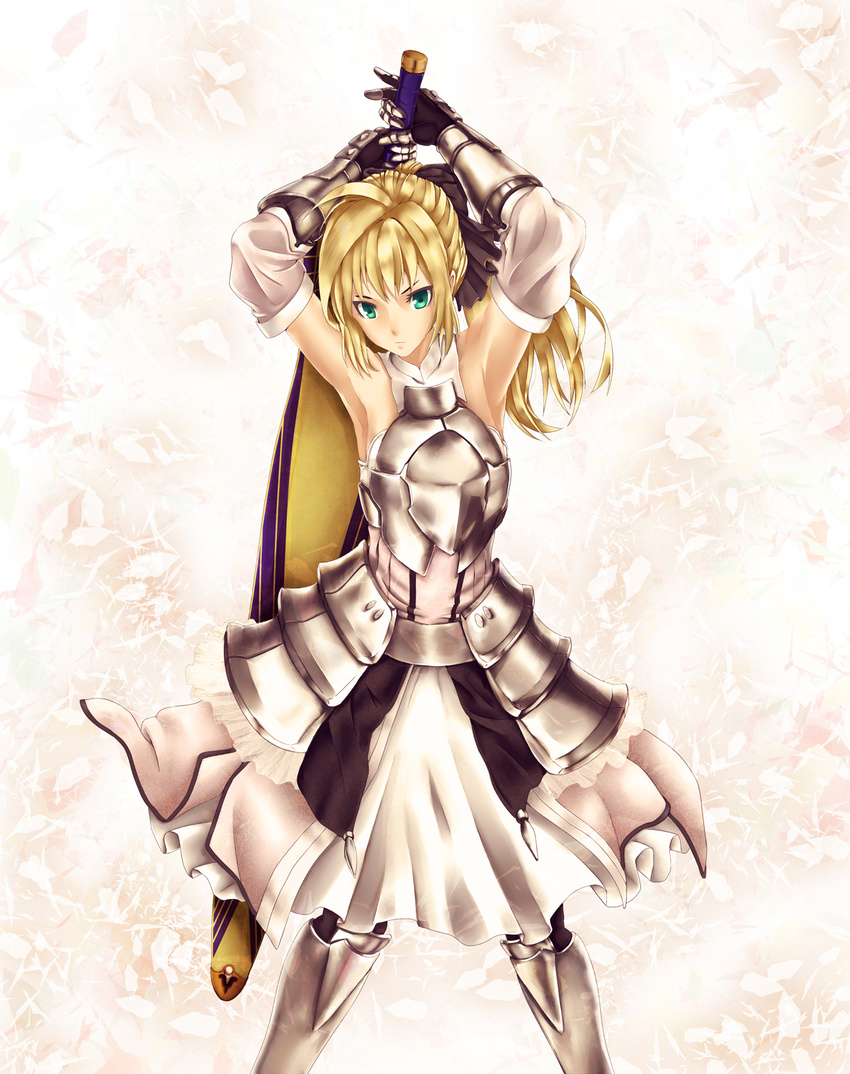 ahoge armor armored_dress armpits artoria_pendragon_(all) avalon_(fate/stay_night) bare_shoulders blonde_hair bow detached_sleeves dress fate/stay_night fate/unlimited_codes fate_(series) faulds frills gauntlets green_eyes hair_bow highres infinote ponytail saber saber_lily sheath sheathed solo