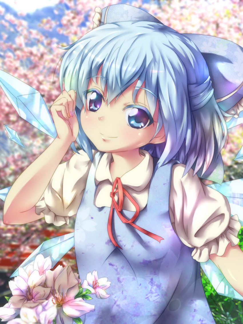 arm_up blue_dress blue_eyes blue_hair bow cirno dress face flower gpbeta hair_bow highres ice ice_wings looking_at_viewer ribbon short_hair solo touhou wings