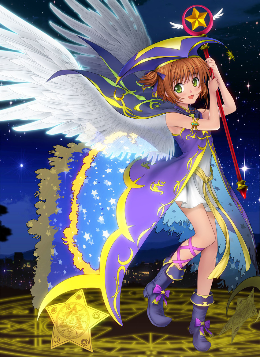 antenna_hair blue_hat blush boots brown_hair cardcaptor_sakura dress full_body green_eyes hair_ribbon hat highres hoshi_no_tsue kinomoto_sakura magic_circle magical_girl mutsuki_(moonknives) night night_sky open_mouth ribbon short_hair sky smile solo star twintails wand wings