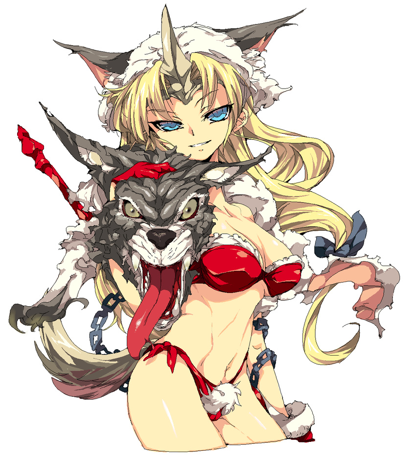 alabaster_(artist) animal_ears bikini blonde_hair blue_eyes breasts chain cleavage cropped_legs fenrir_knight gloves grin highres horn large_breasts long_hair low-tied_long_hair navel riesz seiken_densetsu seiken_densetsu_3 side-tie_bikini smile solo swimsuit tail white_background wolf wolf_ears