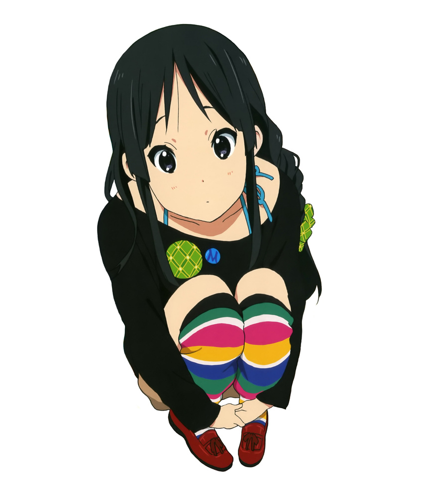 absurdres akiyama_mio black_hair highres k-on! long_hair multicolored multicolored_stripes official_art qplus simple_background solo striped striped_legwear white_background
