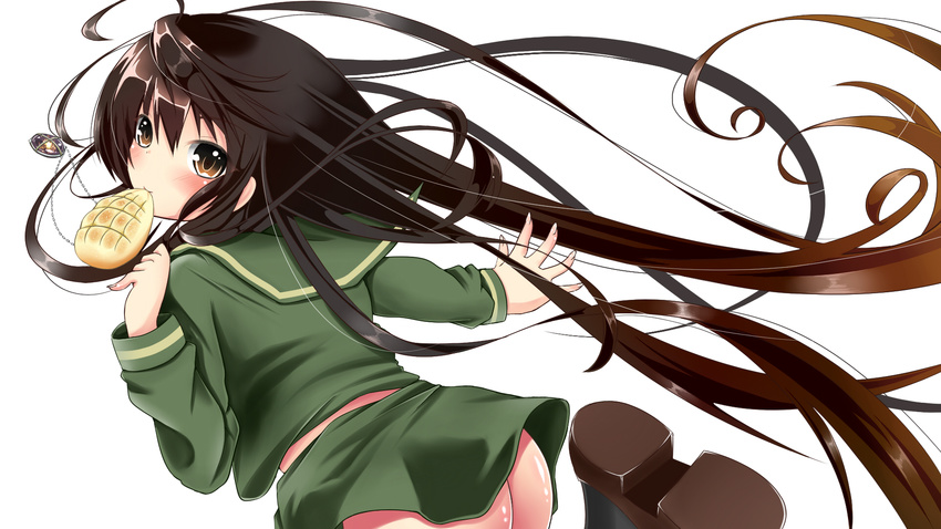 alastor_(shakugan_no_shana) ass bad_id bad_pixiv_id black_hair bread brown_eyes food from_behind highres jewelry long_hair looking_back melon_bread michitose_michiru mouth_hold no_panties pendant school_uniform serafuku shakugan_no_shana shana simple_background