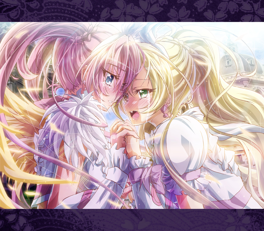 :o alternate_costume blonde_hair blue_eyes bow braid comforting crescendo_cure_melody cure_melody cure_rhythm earrings eyelashes green_eyes highres holding_hands houjou_hibiki inoshishi_(ikatomo) jewelry letterboxed long_hair magical_girl minamino_kanade multiple_girls open_mouth pink_hair precure puffy_sleeves ribbon suite_precure tears wrist_cuffs