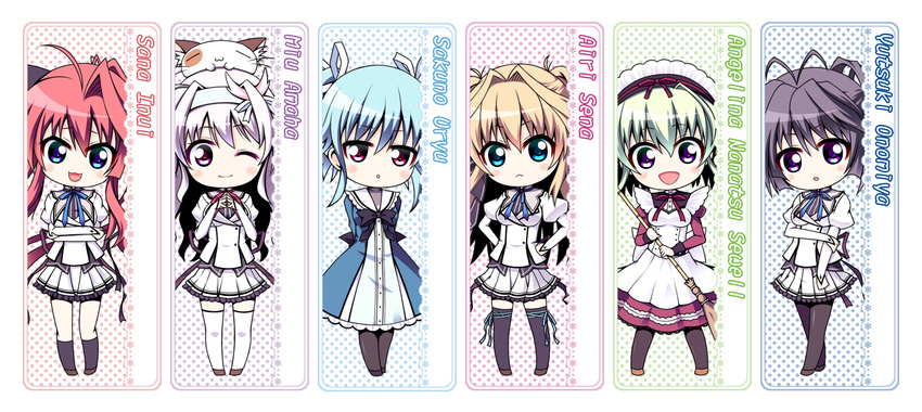 amaha_miu angelina_nanatsu_sewell bad_id bad_pixiv_id black_hair black_legwear blonde_hair blue_eyes blue_hair blush bow broom cat chibi crossed_arms green_hair hair_bow hair_ribbon hairband highres inui_sana long_hair maid maid_headdress mashiroiro_symphony multiple_girls neon_(neonknight) onomiya_yutsuki open_mouth pan-nya pantyhose ponytail purple_eyes purple_hair red_eyes red_hair ribbon school_uniform sena_airi short_hair single_hair_intake skirt smile socks thighhighs twintails uryuu_sakuno white_legwear zettai_ryouiki