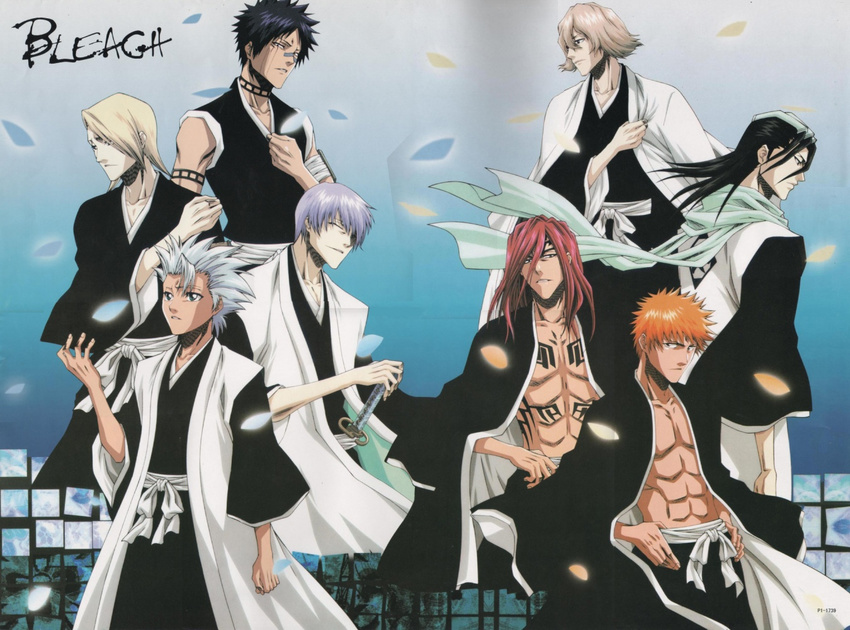 6+boys 8boys abarai_renji abs bandage black_hair bleach blonde_hair character_request chest choker gray_hair grey_hair hisagi_shuuhei hitsugaya_toushirou ichimaru_gin kira_izuru kuchiki_byakuya kurosaki_ichigo long_hair male male_focus multiple_boys muscle open_clothes orange_hair pecs petals red_hair robe scarf sword tattoo urahara_kisuke weapon white_hair