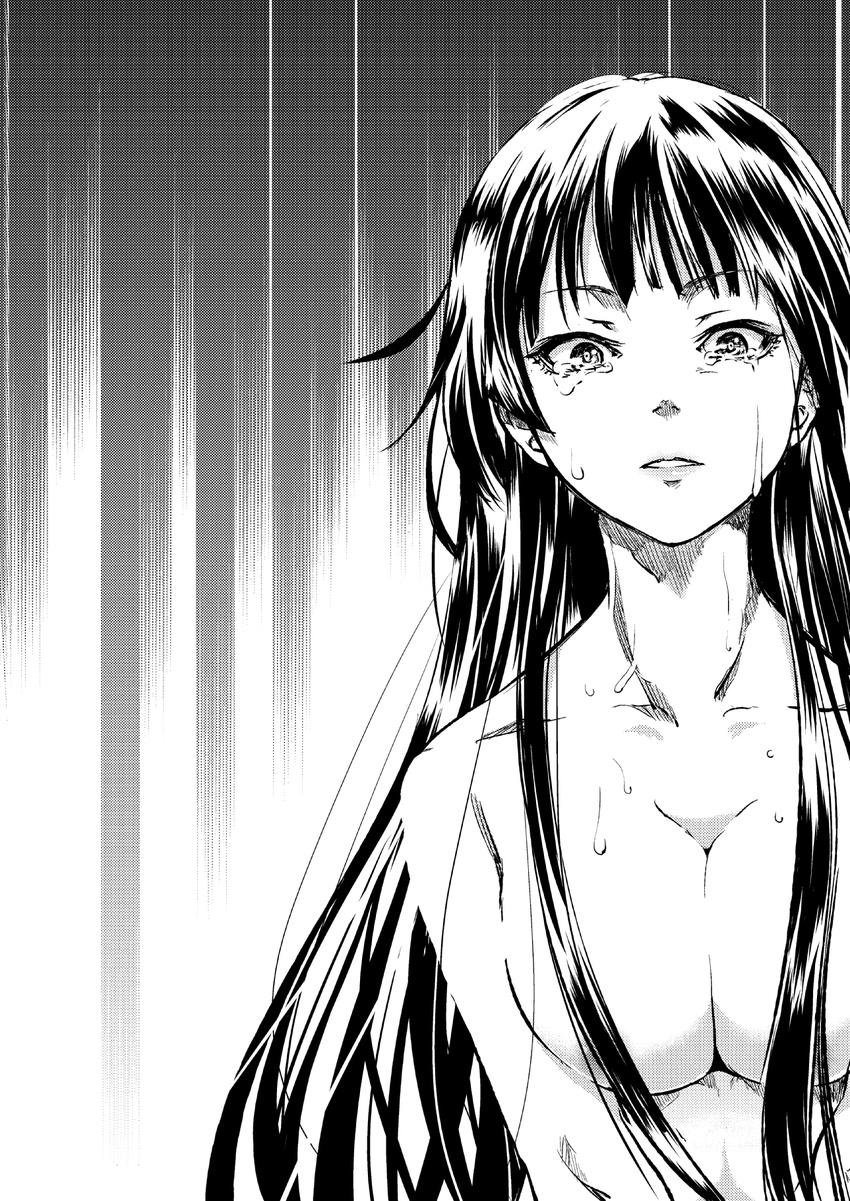 breasts censored commentary_request convenient_censoring copyright_request greyscale highres large_breasts long_hair looking_at_viewer monochrome nude sakayama_shinta solo tears