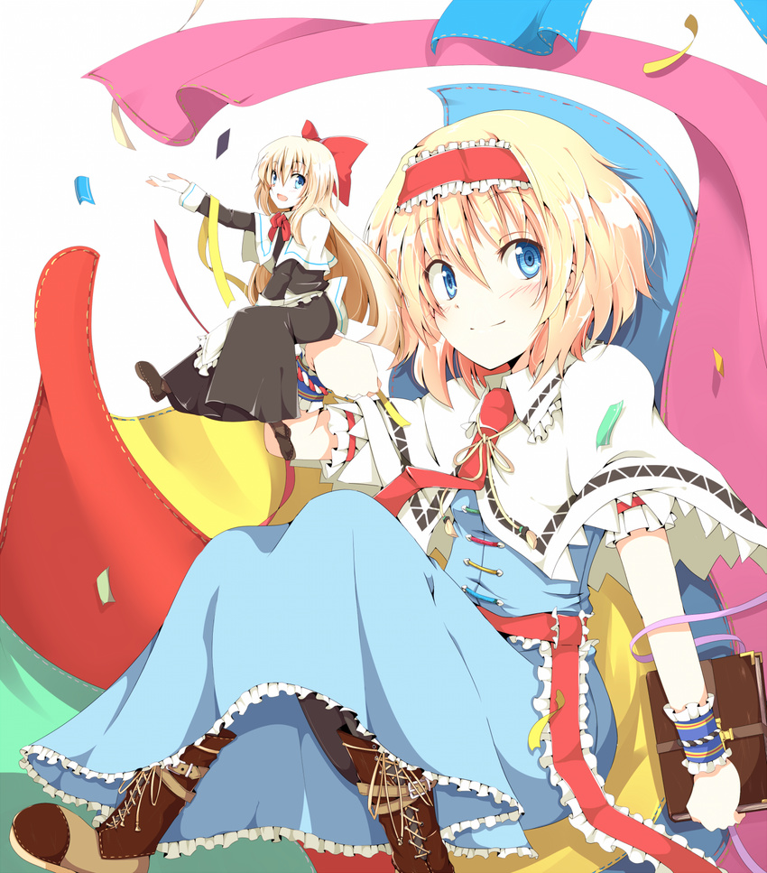alice_margatroid blonde_hair blush book boots bow buckle capelet chata_maru_(irori_sabou) cross-laced_footwear dress embellished_costume frills hair_bow highres knee_boots lace-up_boots shanghai_doll short_hair sitting smile solo toggles touhou wrist_cuffs