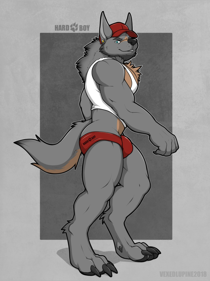 2018 5_fingers anthro baseball_cap biceps black_nose blue_eyes bulge canid canine canis clothed clothing countershade_tail countershade_torso countershading digital_media_(artwork) dissimulated eyebrows fully_clothed fur grey_fur hat looking_at_viewer male mammal multicolored_fur red_underwear seff_(dissimulated) shadow shirt smile solo step_pose tan_countershading tan_fur tank_top two_tone_fur underwear white_topwear wolf