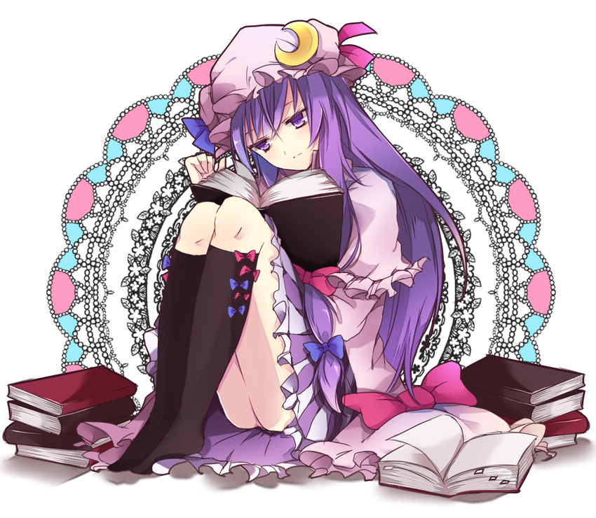 black_legwear bonnet book book_stack bow crescent doily flower frills hair_between_eyes hair_bow hat head_tilt kneehighs knees_to_chest long_hair long_sleeves no_shoes open_book patchouli_knowledge purple_eyes purple_hair reading sitting skirt solo touhou very_long_hair white_background yuzuru_(xxelysionxx)