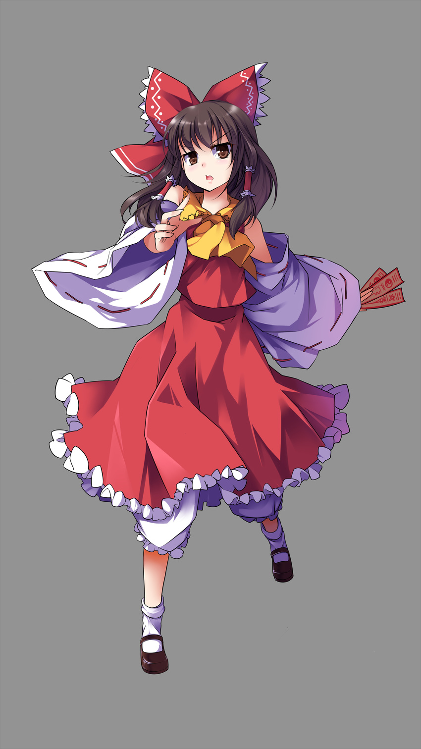 absurdres angry ascot bloomers bow brown_eyes brown_hair detached_sleeves hair_bow hair_tubes hakurei_reimu highres huangquan_dong_(sinchi) open_mouth outstretched_hand shirt simple_background skirt skirt_set solo spell_card touhou underwear