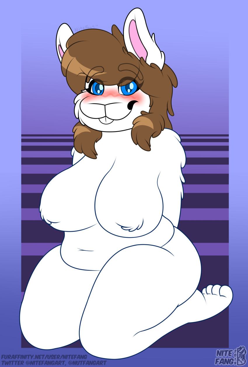 belly big_breasts big_thighs blue_eyes breasts brown_hair female fur hair hi_res huge_breasts kneeling lagomorph mammal nichole_(nitefang) nitefang overweight paws rabbit solo thick_thighs white_fur wide_hips