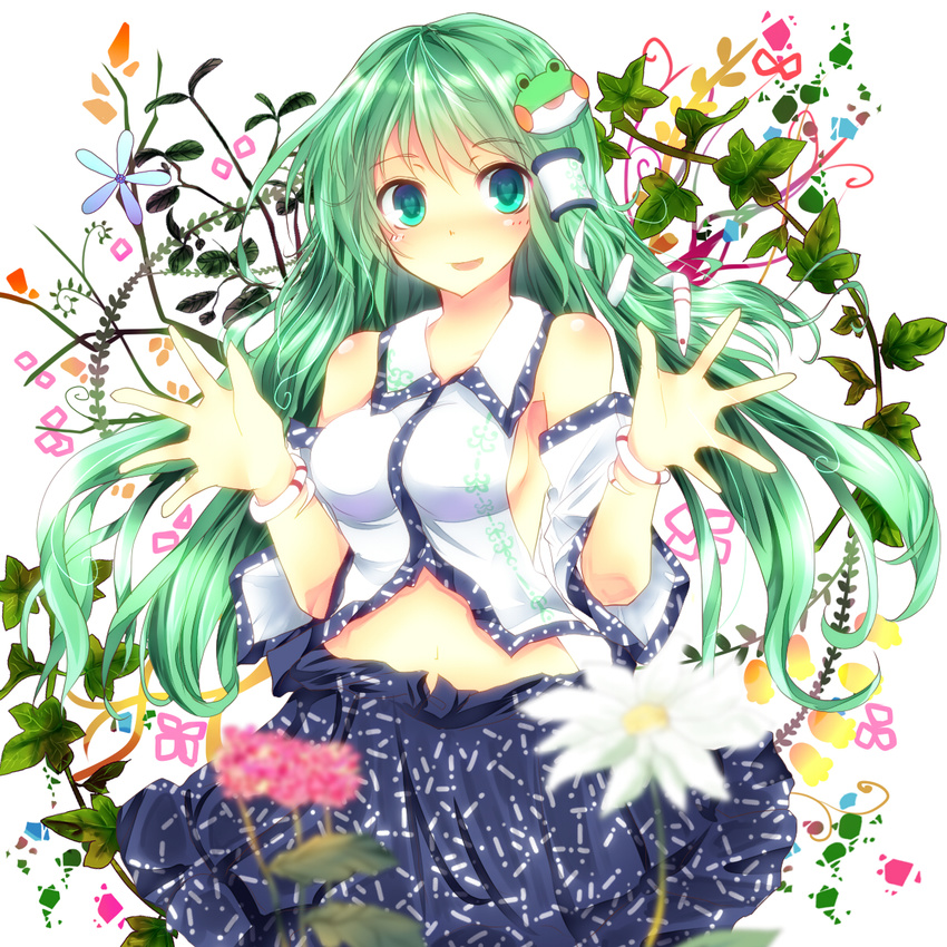 bare_shoulders bracelet breasts detached_sleeves e-co floral_background flower frog frog_hair_ornament green_eyes green_hair hair_ornament hair_tubes heart heart-shaped_pupils highres jewelry kochiya_sanae long_hair medium_breasts midriff navel no_bra open_mouth plant sideboob skirt snake solo symbol-shaped_pupils touhou vines