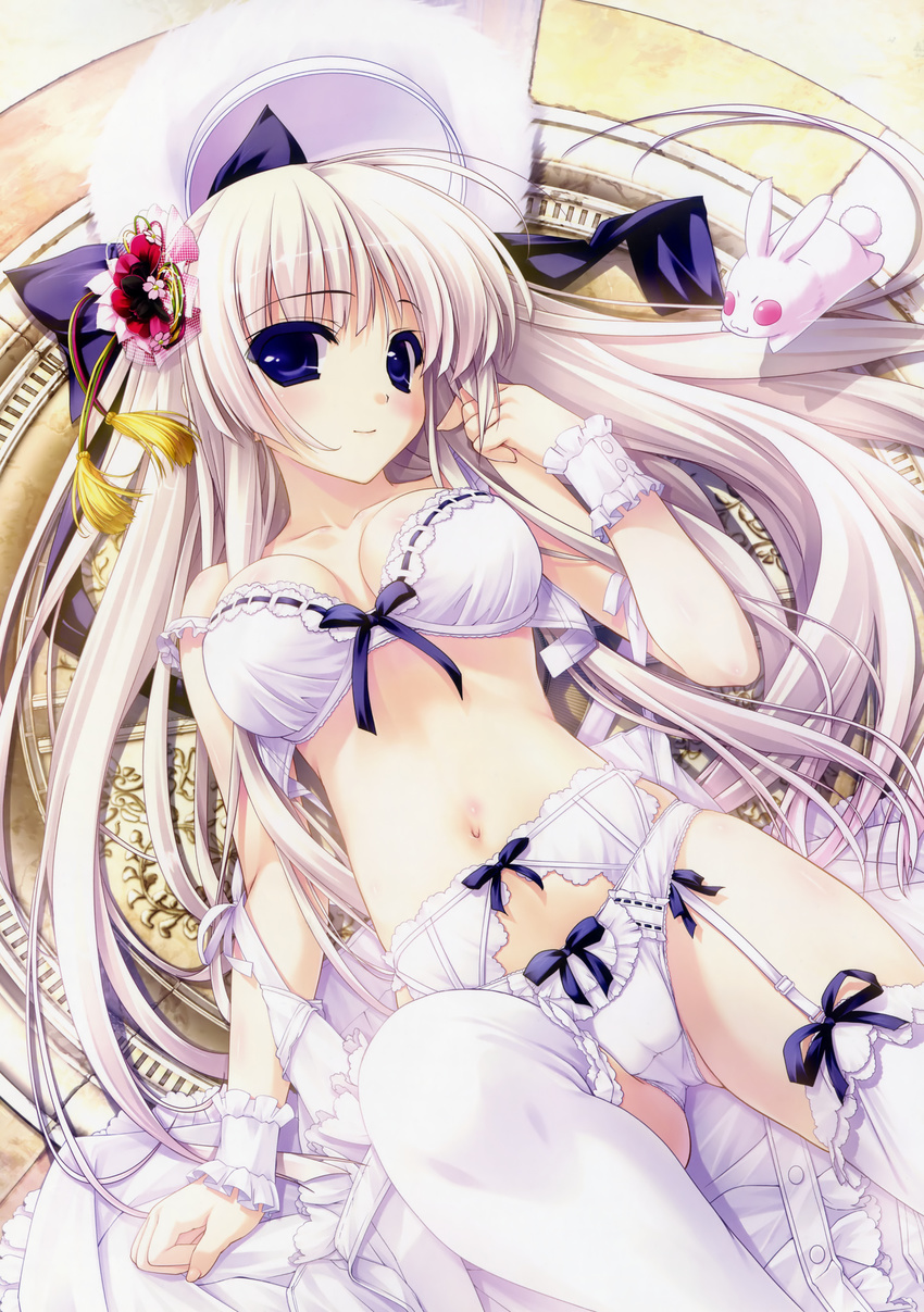 1girl absurdres aina_ashwin bare_shoulders blush bow bow_panties bra breasts bunny cameltoe dress female frills garter_belt hair_bow hair_ornament highres lace lace-trimmed_thighhighs light_smile lingerie long_hair looking_at_viewer lying navel on_back original panties prism_recollection! purple_eyes shintaro shintarou solo strap_slip thighhighs underwear underwear_only white_bra white_hair white_legwear white_panties wrist_cuffs