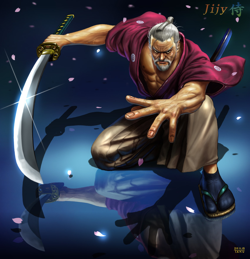 beard character_request cherry_blossoms facial_hair male_focus matataku mustache old_man one_knee petals reflection samurai solo sword topknot weapon