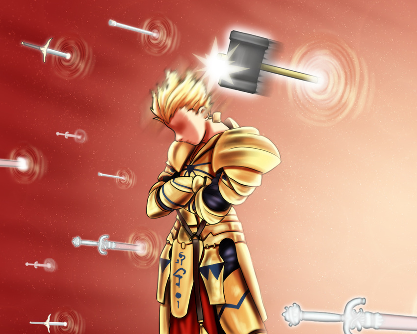 armor blonde_hair earrings failure fate/stay_night fate_(series) gate_of_babylon gilgamesh hammer jewelry male_focus parody solo sword tk8d32 weapon